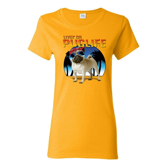 Wild Bobby, Cute Pug Life Living, Animal Lover, Women Graphic Tee, Gold, Medium
