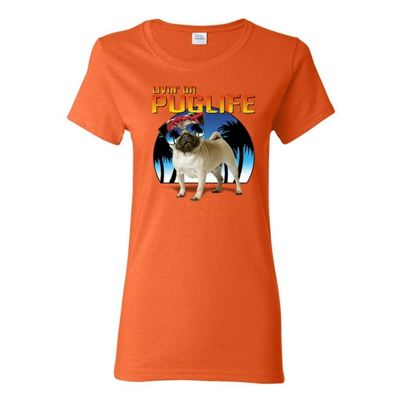 Wild Bobby, Cute Pug Life Living, Animal Lover, Women Graphic Tee, Orange, Medium