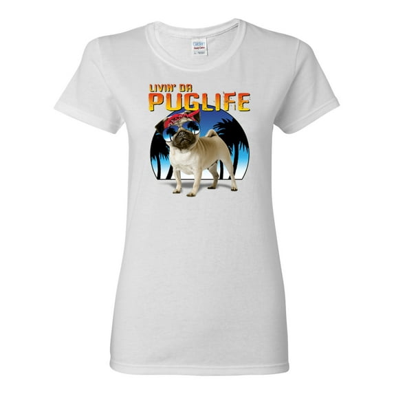 Wild Bobby, Cute Pug Life Living, Animal Lover, Women Graphic Tee, White, Large