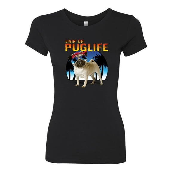 Wild Bobby, Cute Pug Life Living, Animal Lover, Women Slim Fit Junior Tee, Black, Medium