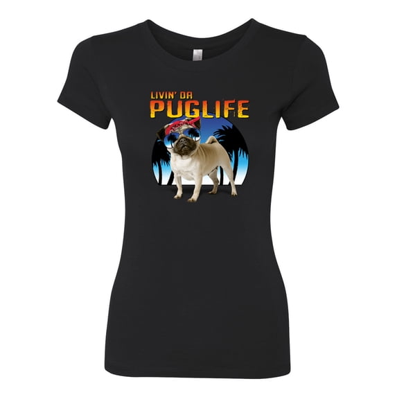 Wild Bobby, Cute Pug Life Living, Animal Lover, Women Slim Fit Junior Tee, Black, X-Large