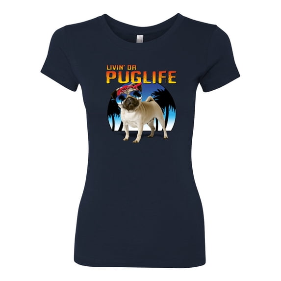 Wild Bobby, Cute Pug Life Living, Animal Lover, Women Slim Fit Junior Tee, Navy, Medium