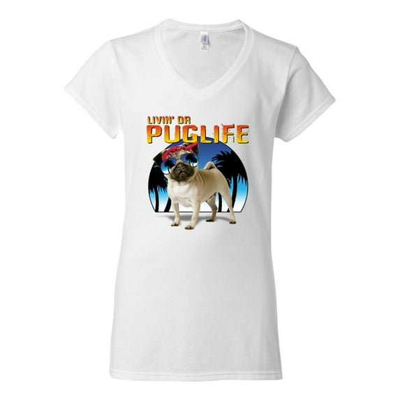 Wild Bobby, Cute Pug Life Living, Animal Lover, Women Standard V-Neck Tee, White, XX-Large