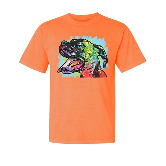 Wild Bobby,Cute Rainbow Neon Doberman Dog Lover Garment-Dyed Washed Look Short Sleeve Tees, Neon Orange, Large
