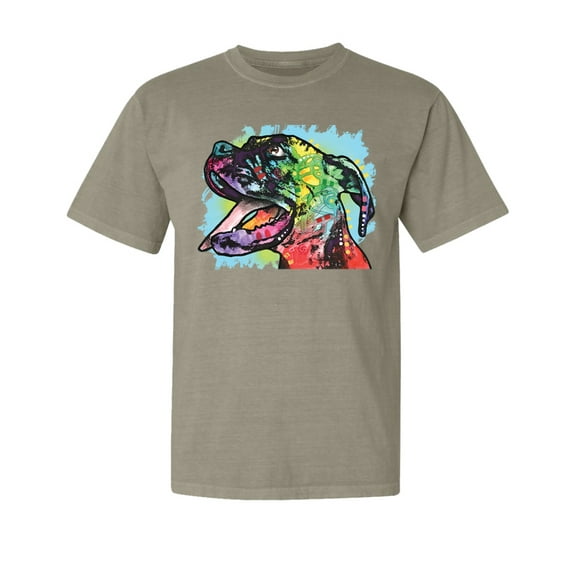 Wild Bobby,Cute Rainbow Neon Doberman Dog Lover Garment-Dyed Washed Look Short Sleeve Tees, Sand, Large