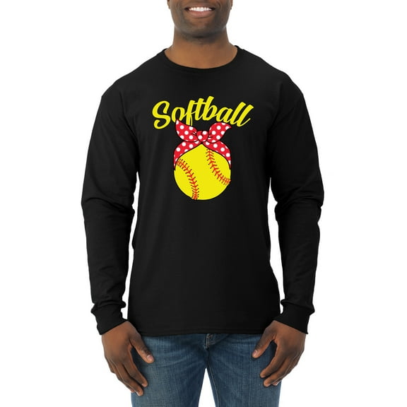 Wild Bobby, Cute Ribbon Bow Softball Mom Gift, Mother's Day, Men Long Sleeve Shirt, Black, Large