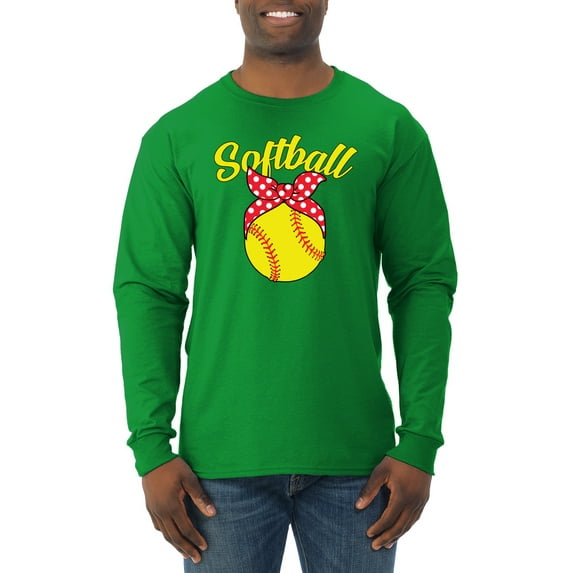Wild Bobby, Cute Ribbon Bow Softball Mom Gift, Mother's Day, Men Long Sleeve Shirt, Kelly, Large