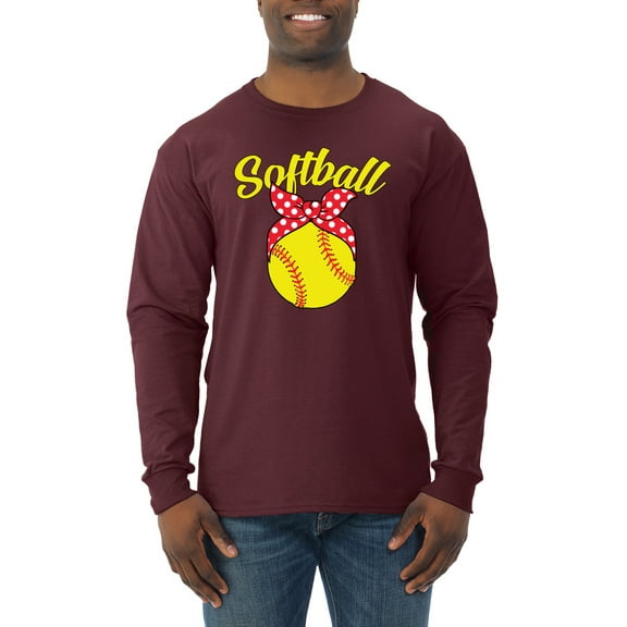 Wild Bobby, Cute Ribbon Bow Softball Mom Gift, Mother's Day, Men Long Sleeve Shirt, Maroon, Medium