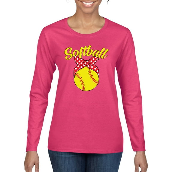 Wild Bobby, Cute Ribbon Bow Softball Mom Gift, Mother's Day, Women Graphic Long Sleeve T-Shirt, Fuschia, Small