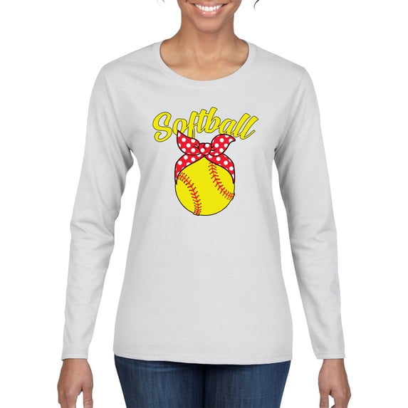 Wild Bobby, Cute Ribbon Bow Softball Mom Gift, Mother's Day, Women Graphic Long Sleeve T-Shirt, White, Large