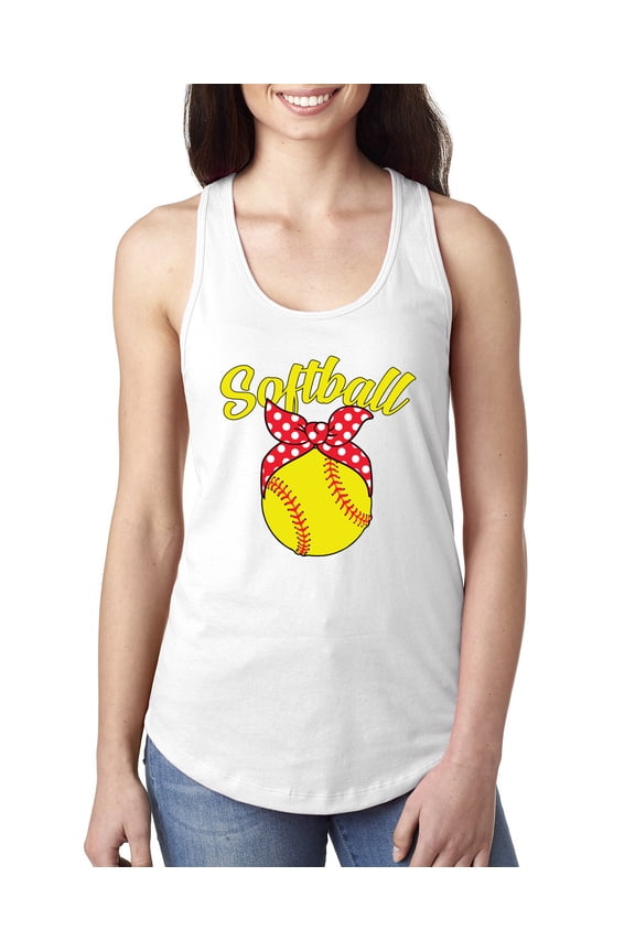 , Cute Ribbon Bow Softball Mom Gift, Mother's Day, Women Racerback Tank Top, White, Large