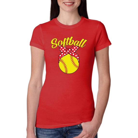 Wild Bobby, Cute Ribbon Bow Softball Mom Gift, Mother's Day, Women Slim Fit Junior Tee, Red, Large