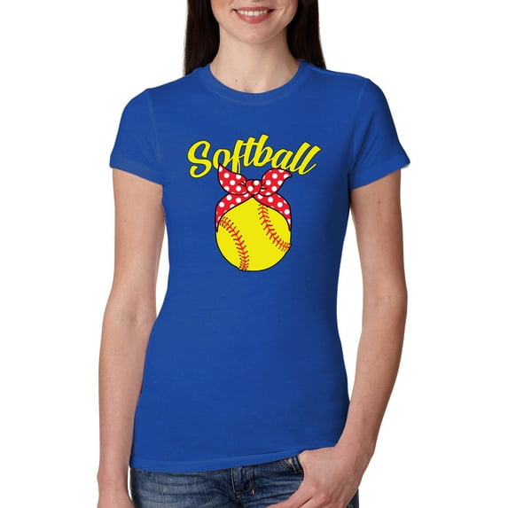 Wild Bobby, Cute Ribbon Bow Softball Mom Gift, Mother's Day, Women Slim Fit Junior Tee, Royal, Medium
