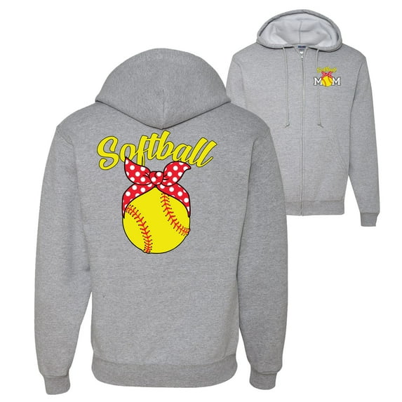 Wild Bobby,Cute Ribbon Bow Softball Mom Gift Sports Front and Back Graphic Zip Up Hoodie Sweatshirt, Heather Grey, Medium