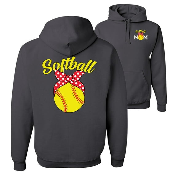 Wild Bobby,Cute Ribbon Bow Softball Mom Gift Sports Front and Back Unisex Graphic Hoodie Sweatshirt, Charcoal, Small