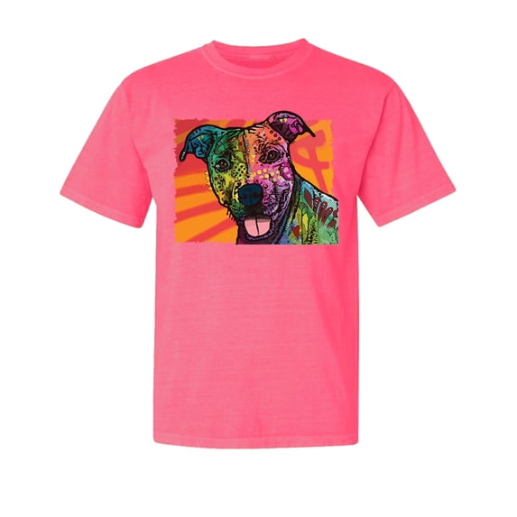 Wild Bobby,Cute Smiling Neon Pitbull Dog Breed Dog Lover Garment-Dyed Washed Look Short Sleeve Tees, Neon Pink, 2XL