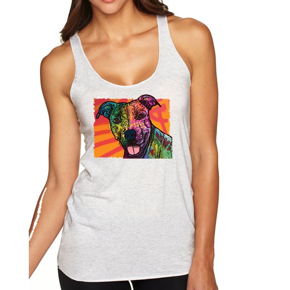 Wild Bobby, Cute Smiling Neon Pitbull Dog Breed Dog Lover Tri-Blend Racerback Tank Top, Heather White, Small