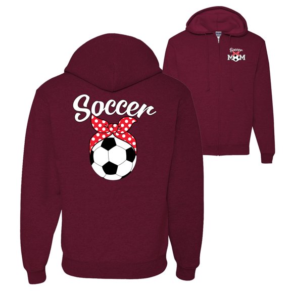 Wild Bobby,Cute Soccer Mom Ribbon Soccer Ball Gift Sports Front and Back Graphic Zip Up Hoodie Sweatshirt, Maroon, 2XL