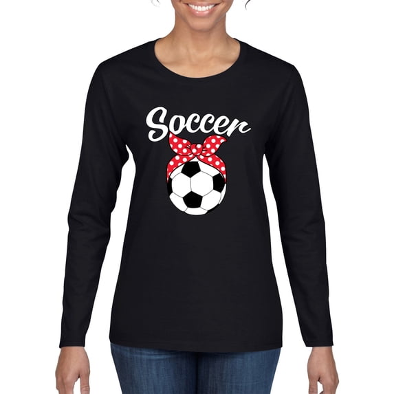 Wild Bobby, Cute Soccer Mom Ribbon Soccer Ball Gift Sports, Mother's Day, Women Graphic Long Sleeve T-Shirt, Black, Small