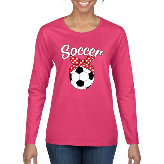 Wild Bobby, Cute Soccer Mom Ribbon Soccer Ball Gift Sports, Mother's Day, Women Graphic Long Sleeve T-Shirt, Fuschia, Small