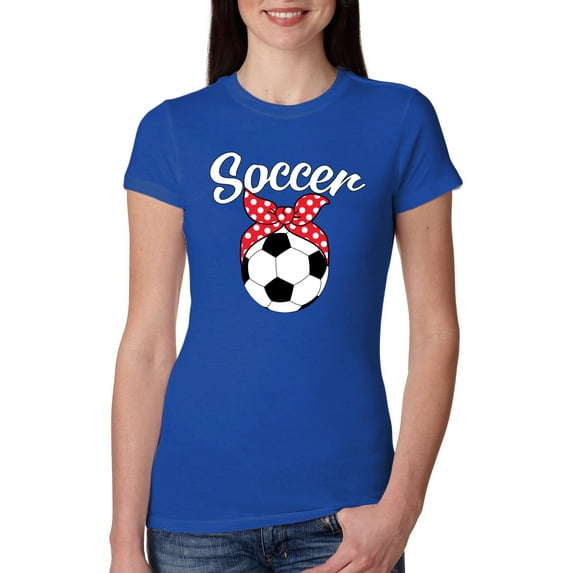Wild Bobby, Cute Soccer Mom Ribbon Soccer Ball Gift Sports, Mother's Day, Women Slim Fit Junior Tee, Royal, Large
