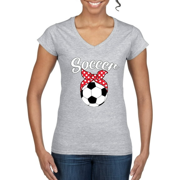 Wild Bobby, Cute Soccer Mom Ribbon Soccer Ball Gift Sports, Mother's Day, Women Standard V-Neck Tee, Heather Grey, Medium