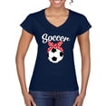 thumbnail image 1 of Wild Bobby, Cute Soccer Mom Ribbon Soccer Ball Gift Sports, Mother's Day, Women Standard V-Neck Tee, Navy, Large, 1 of 3