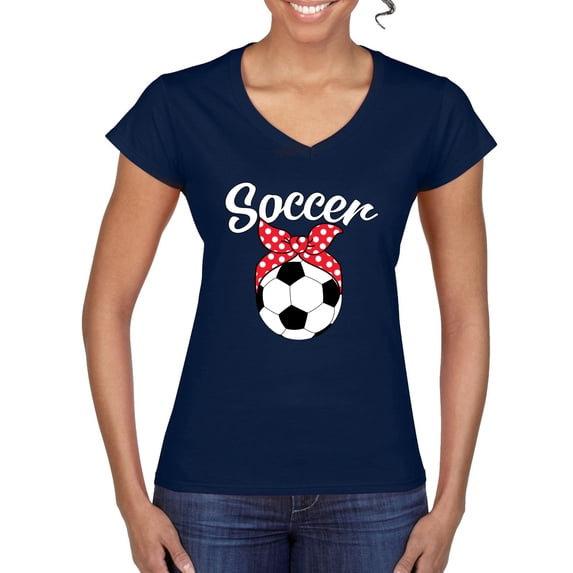 Wild Bobby, Cute Soccer Mom Ribbon Soccer Ball Gift Sports, Mother's Day, Women Standard V-Neck Tee, Navy, Large