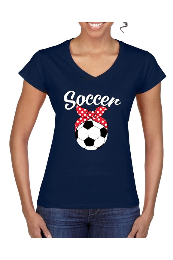 , Cute Soccer Mom Ribbon Soccer Ball Gift Sports, Mother's Day, Women Standard V-Neck Tee, Navy, Large