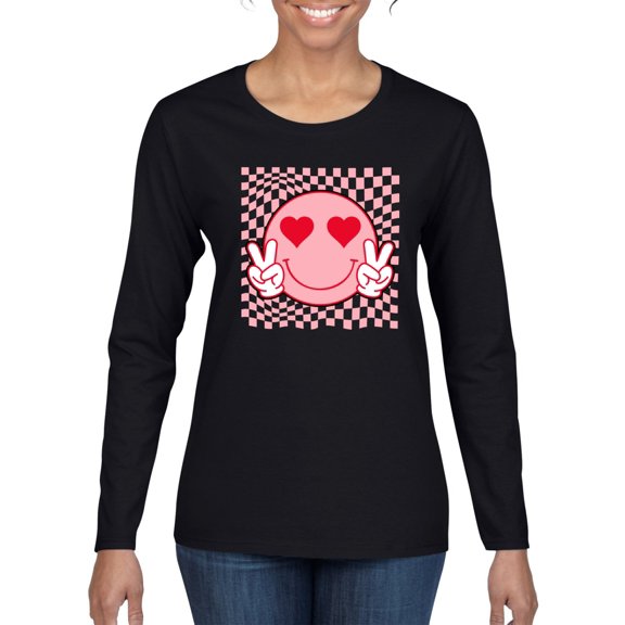 Wild Bobby Cute Trippy Peace Heart Valentine's Day Peace Hipster Vibes Women Graphic Long Sleeve Tee