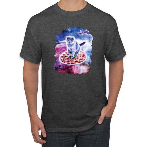 Wild Bobby, Cute Trippy Space Cat Riding Pizza, Animal Lover, Men Graphic Tees, Heather Black, Medium