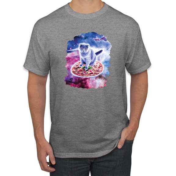 Wild Bobby, Cute Trippy Space Cat Riding Pizza, Animal Lover, Men Graphic Tees, Heather Grey, Medium