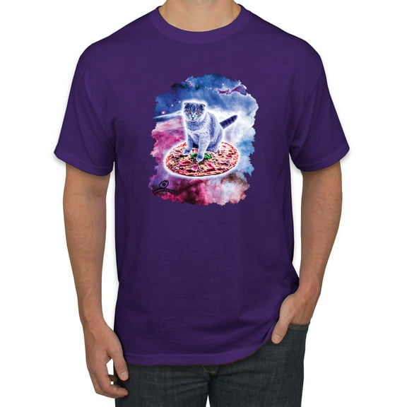 Wild Bobby, Cute Trippy Space Cat Riding Pizza, Animal Lover, Men Graphic Tees, Purple, 4XL