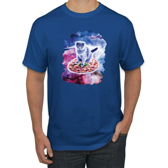 Wild Bobby, Cute Trippy Space Cat Riding Pizza, Animal Lover, Men Graphic Tees, Royal, Small