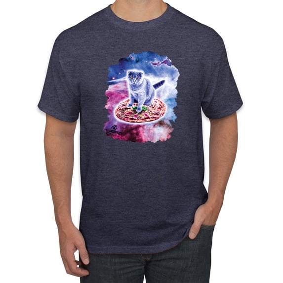 Wild Bobby, Cute Trippy Space Cat Riding Pizza, Animal Lover, Men Graphic Tees, Vintage Heather Navy, 3XL