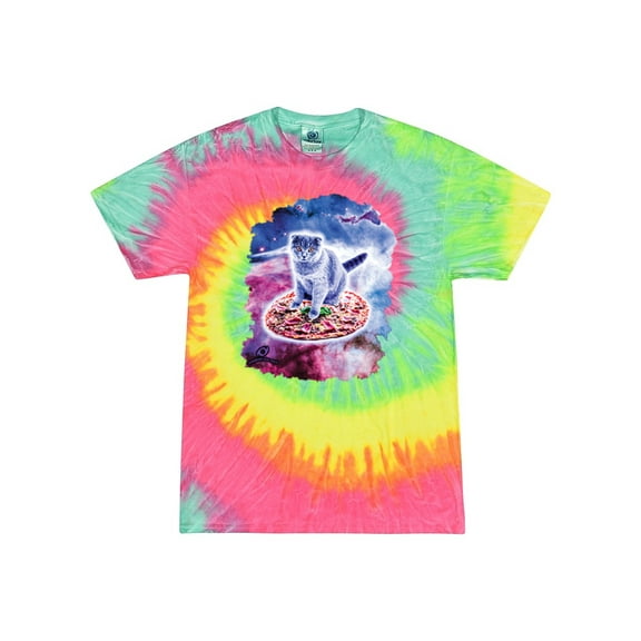 Wild Bobby, Cute Trippy Space Cat Riding Pizza, Animal Lover, Tie-Dye Tees, Minty Rainbow, Large