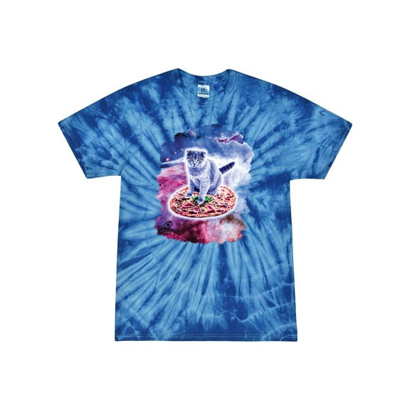 Wild Bobby, Cute Trippy Space Cat Riding Pizza, Animal Lover, Tie-Dye Tees, Spiral Royal, Small