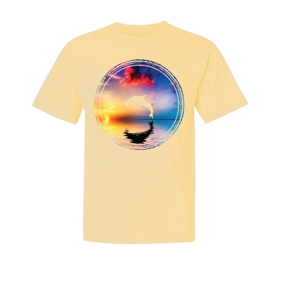 Wild Bobby, Cute Wild Dolphin Sunset Lake, Animal Lover, Garment-Dyed Washed Look Short Sleeve T-Shirt, Banana, 2XL