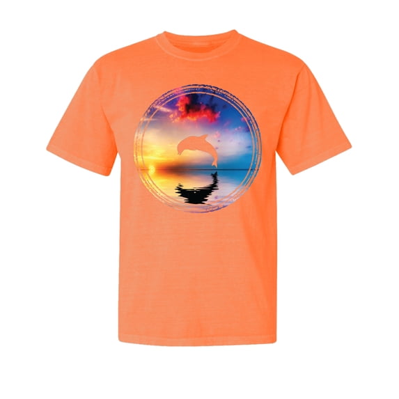 Wild Bobby, Cute Wild Dolphin Sunset Lake, Animal Lover, Garment-Dyed Washed Look Short Sleeve T-Shirt, Neon Orange, Small