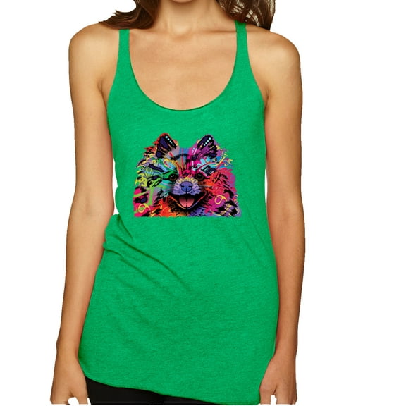 Wild Bobby, Cute and Colorful Pomeranian Dog Animal Lover Tri-Blend Racerback Tank Top, Envy, Large