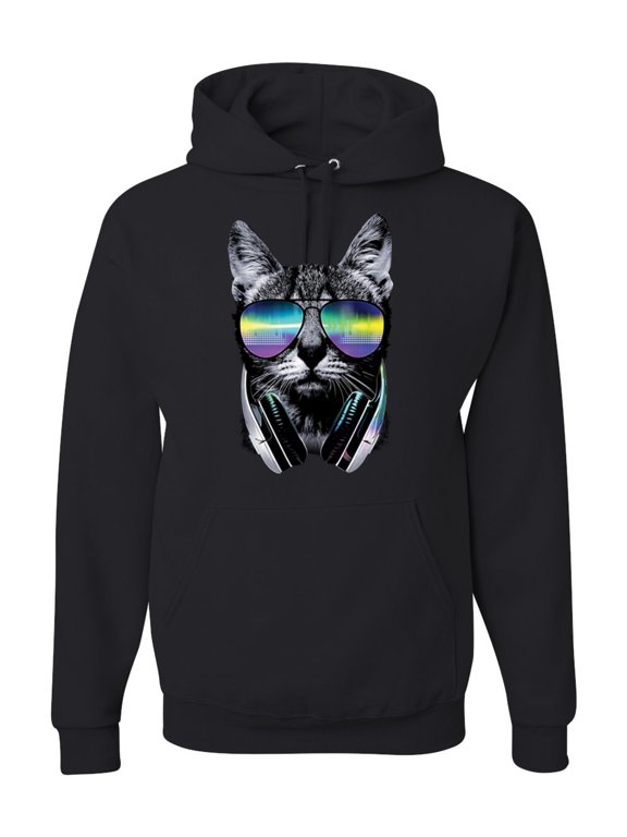 , DJ Kitty Cat with Headphones,Graphic Hoodie, Black, Large