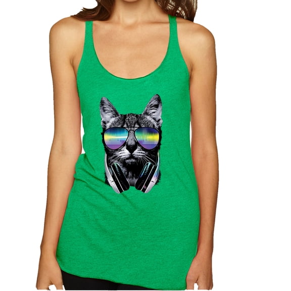 Wild Bobby, DJ Kitty Cat with Headphones | Womens Cat Lover Premium Tri-Blend Racerback Tank Top, Envy, Small