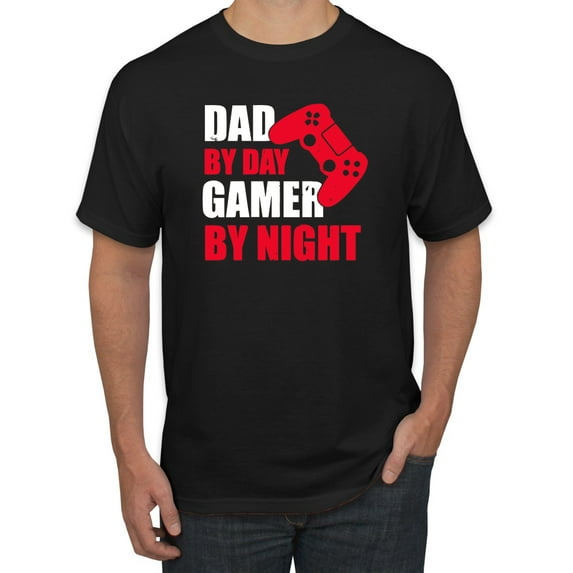 Wild Bobby,Dad by Day Gamer by Night Funny Gaming Dad Gift, Father's Day, Men Graphic Tees, Black, Medium