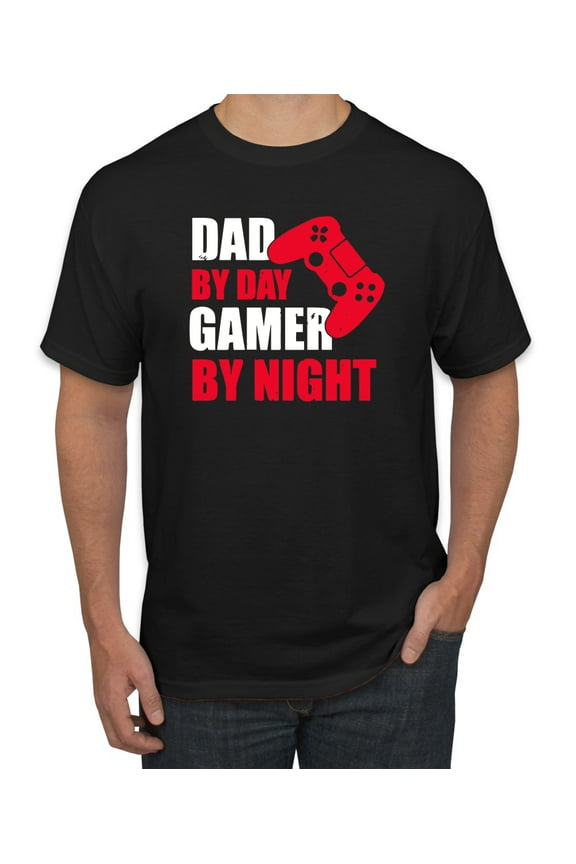 ,Dad by Day Gamer by Night Funny Gaming Dad Gift, Father's Day, Men Graphic Tees, Black, Small