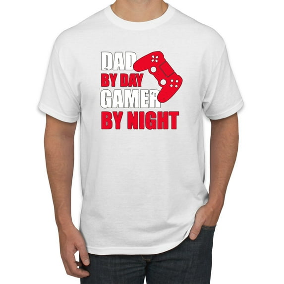 Wild Bobby,Dad by Day Gamer by Night Funny Gaming Dad Gift, Father's Day, Men Graphic Tees, White, Large