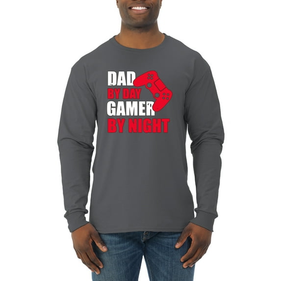 Wild Bobby,Dad by Day Gamer by Night Funny Gaming Dad Gift, Father's Day, Men Long Sleeve Shirt, Charcoal, Medium