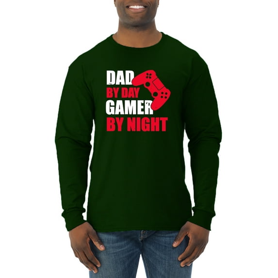 Wild Bobby,Dad by Day Gamer by Night Funny Gaming Dad Gift, Father's Day, Men Long Sleeve Shirt, Forest Green, 2XL