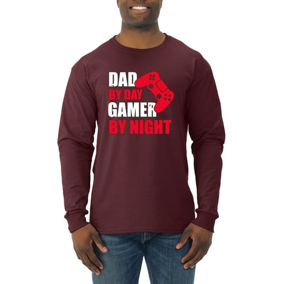 Wild Bobby,Dad by Day Gamer by Night Funny Gaming Dad Gift, Father's Day, Men Long Sleeve Shirt, Maroon, Large