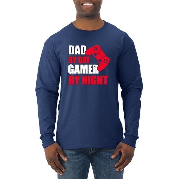 Wild Bobby,Dad by Day Gamer by Night Funny Gaming Dad Gift, Father's Day, Men Long Sleeve Shirt, Navy, Large