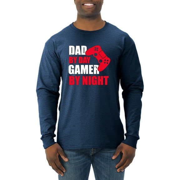 Wild Bobby,Dad by Day Gamer by Night Funny Gaming Dad Gift, Father's Day, Men Long Sleeve Shirt, Vintage Heather Navy, X-Large